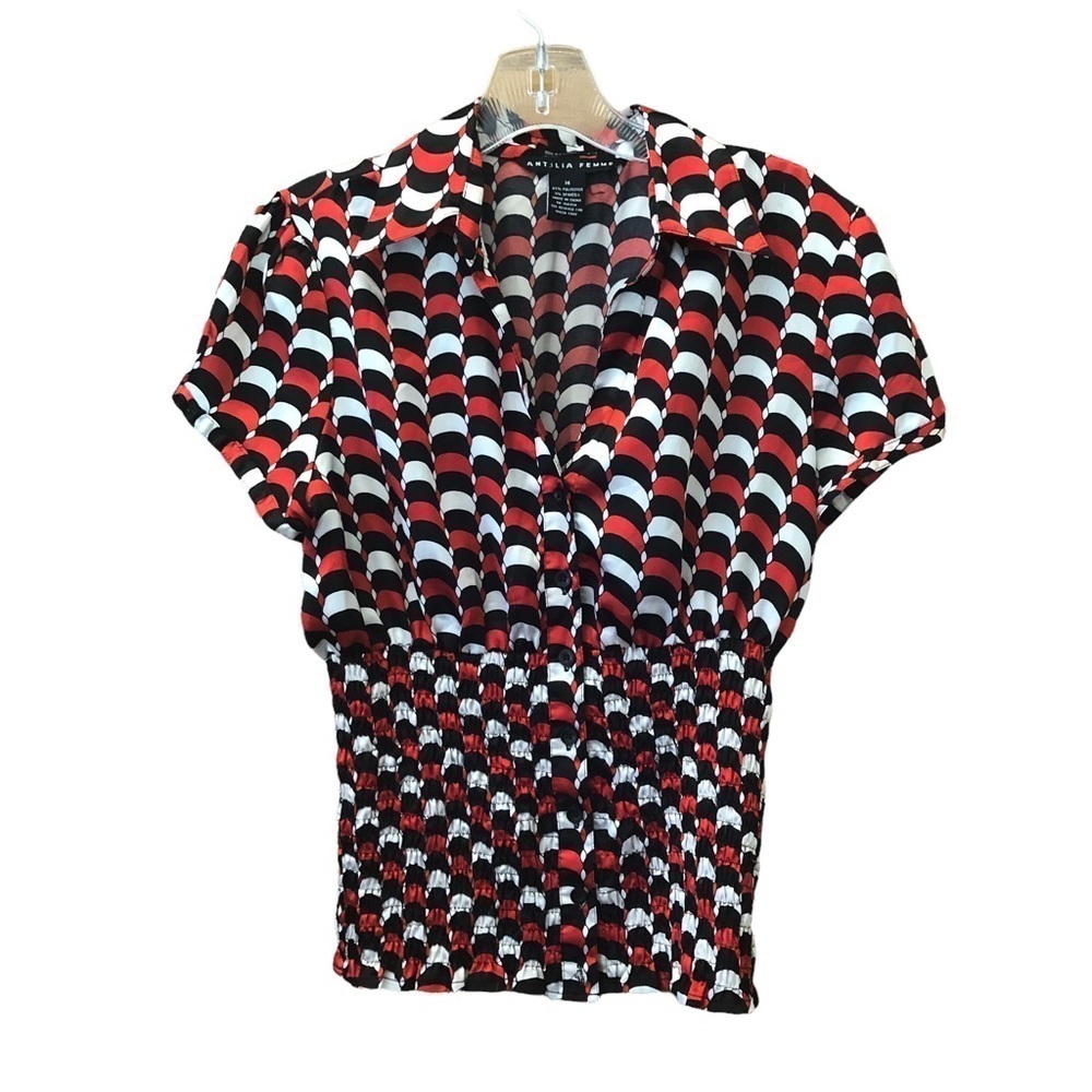 Antilia Femme/ Red/Black/white/ short/ sleeve blouse/smocked waist/ size M